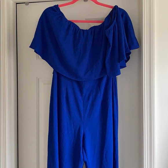 royal blue off the shoulder jumpsuit